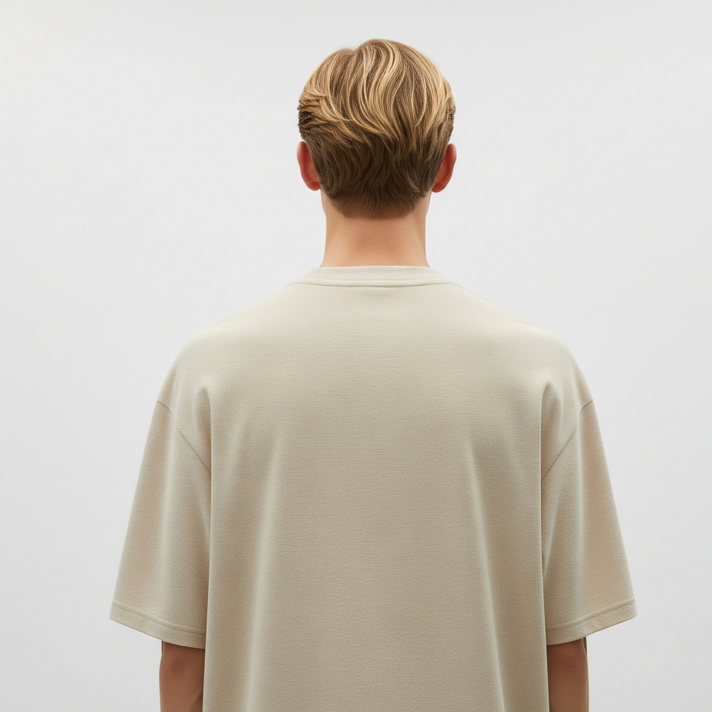 Person wearing a beige t-shirt on a plain background