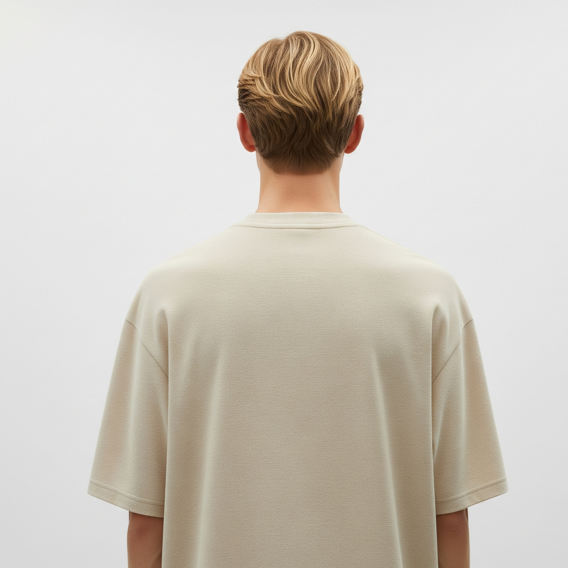Person wearing a beige t-shirt on a plain background