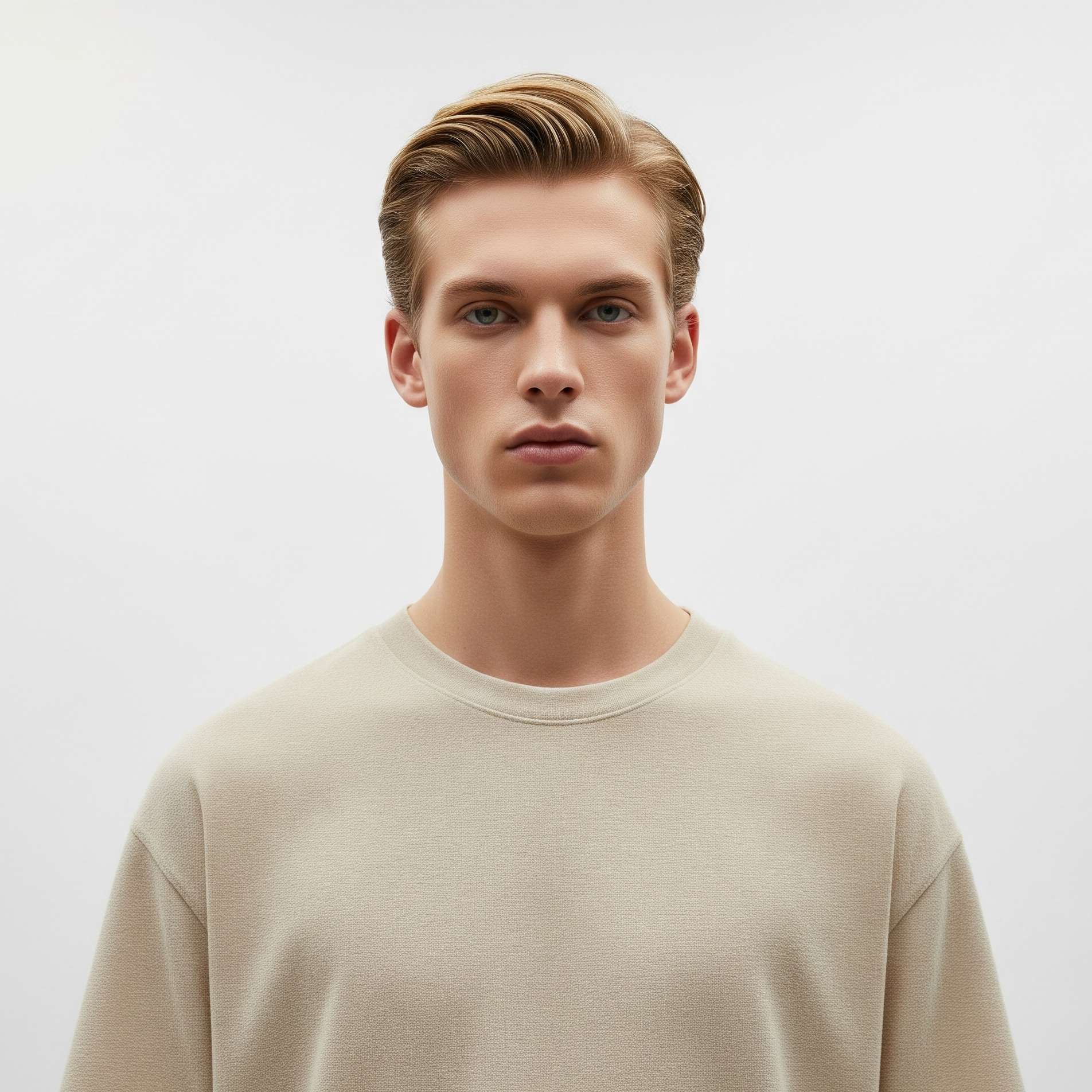 Man wearing a beige sweater against a plain background