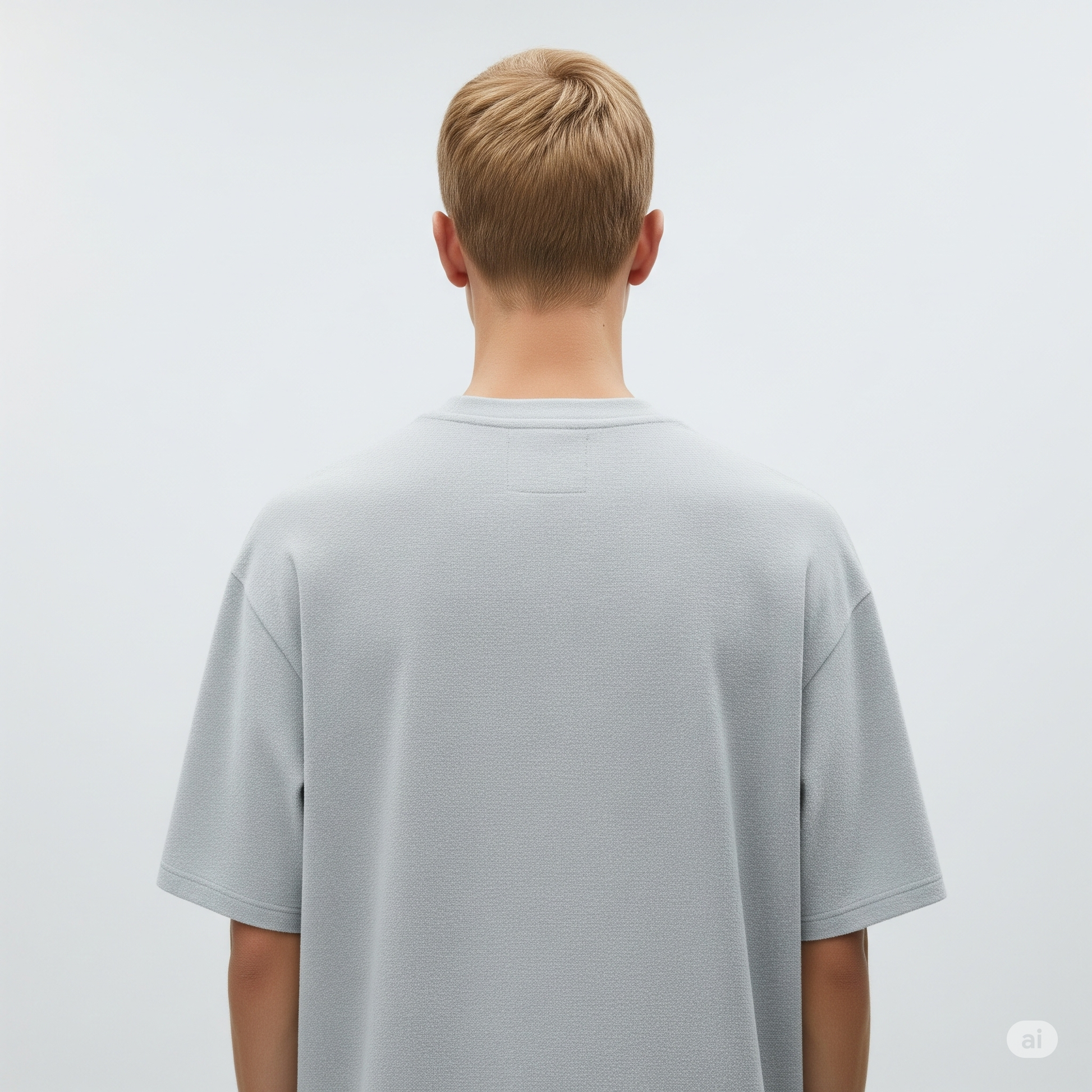 Person wearing a plain gray t-shirt against a light gray background