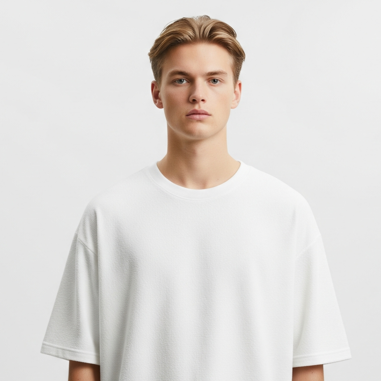 Person wearing a plain white t-shirt on a light gray background