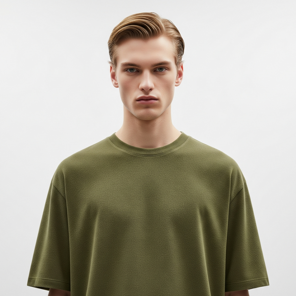 Man wearing a green t-shirt against a white background