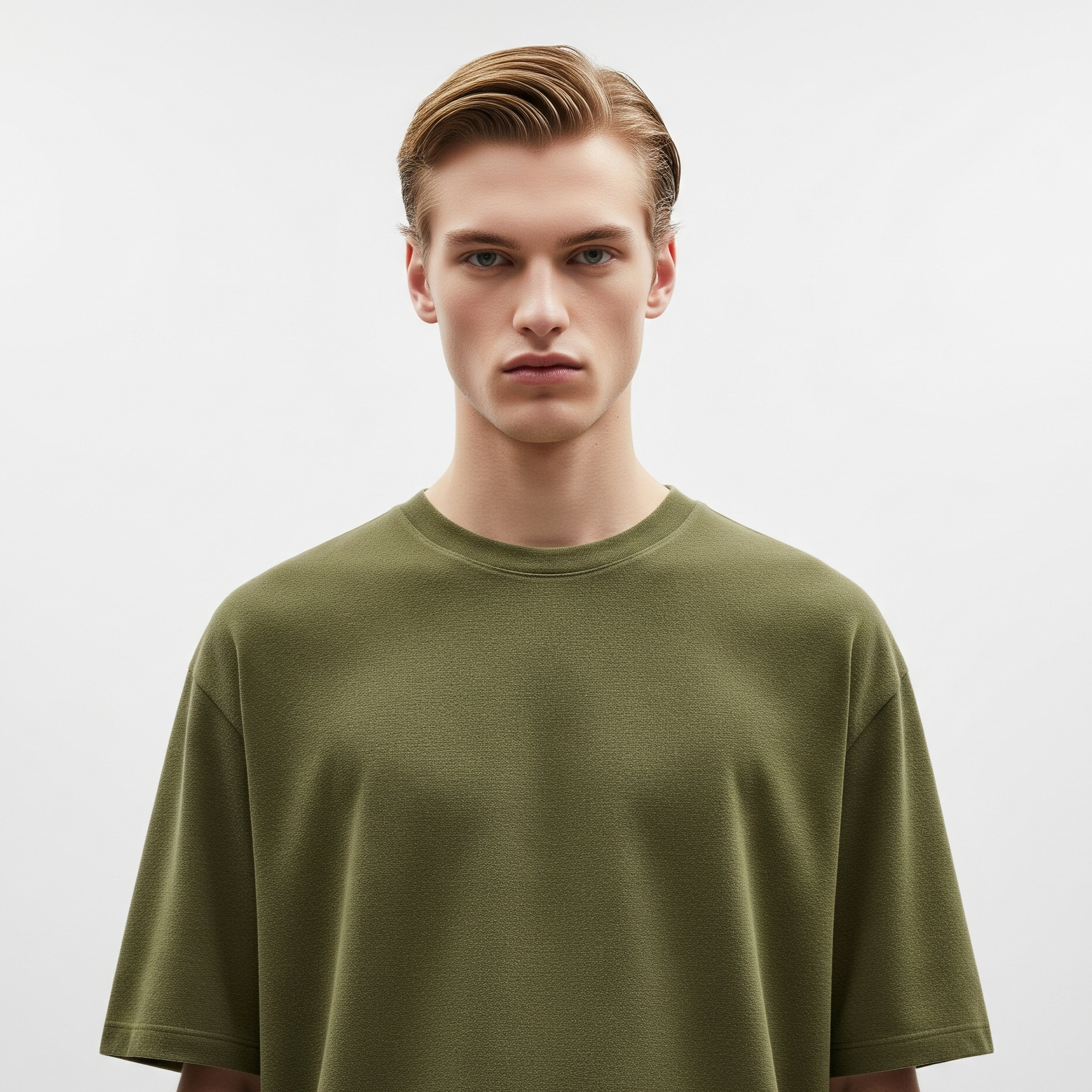 Man wearing a green t-shirt against a white background